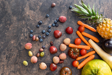 fresh fruits and vegetables on the stone table. zero waste concept