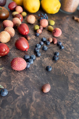 fresh fruits and vegetables on the stone table. zero waste concept