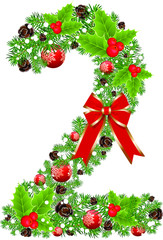 Number 2 with decoration for Christmas design and New Year with spruce tree and holly red berries. Creative alphabet, arabic two number and sign vector. Vector Font for Title, Header, Lettering, Logo