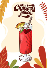 Christmas punch. Cup of hot drink for christmas menu. Colorful collection. Hand drawn vector illustration
