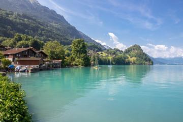 The town on the shores of turquoise lake, Switzerland