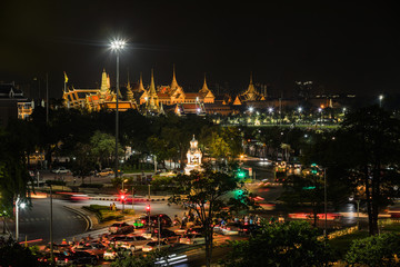 Night aerial view on Wat Phra Kaew or Wat Phra Si Rattana Satsadaram, Temple of the Emerald Buddha and Grand Palace. Beautiful Landmark of Bangkok City, Bangkok, Thailand.