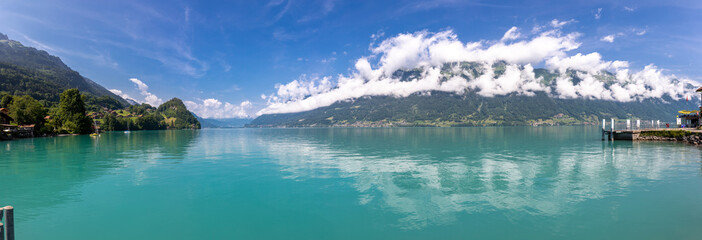 Panoramic view of Lake of Thun and The Swiss Alps stock photo