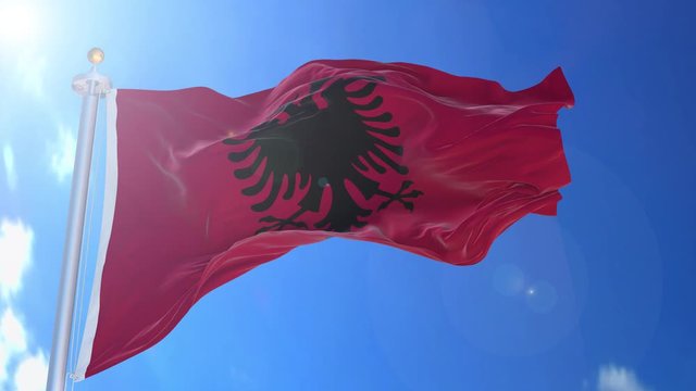 Albania animated flag in the wind with blue sky in the background, green screen, blue screen or isolated background and the flag on the full background, all in one animated flag pack.