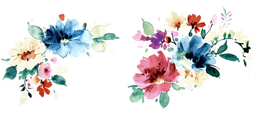 Flowers watercolor illustration.Manual composition.Big Set watercolor elements. - 304071290