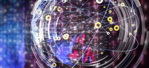 Molecules technology with polygonal shapes on dark blue background.