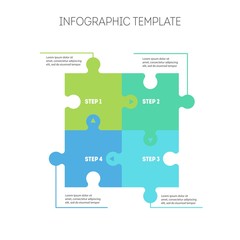 Rectangular matrix with 4 connected jigsaw puzzle pieces. Concept of four dependent components or parts of business project. 