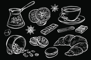 Doodle set of coffee drawings, hand drawn sketch.Tea, chocolate, lemon,croissant and macaroons