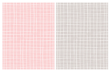 Pastel Color Hand Drawn Irregular Geometric Patterns. Tiny White Grid Isolated on a Pink and Beige Background.Cute Infantile Style Repeatable Design. Checkered Vector Print Ideal For Fabric, Textile.