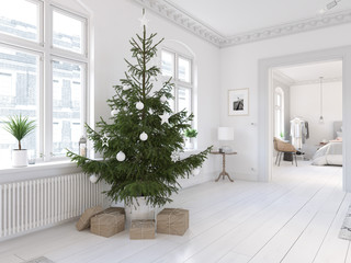 3D-Illustration. new nordic living room with a christmas tree.