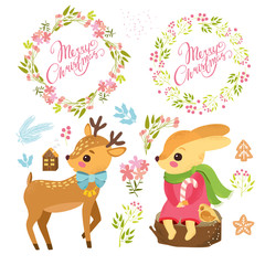 Vector set with cute cartoon characters. Christmas theme, hare and deer, elements for decor, Christmas wreaths and plants