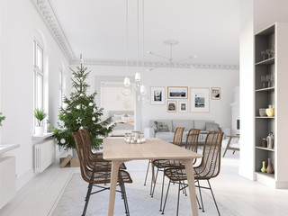 3D-Illustration. new nordic kitchen with christmas decoration.