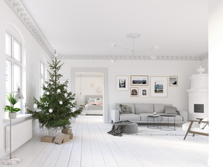 3D-Illustration. new nordic living room with a christmas tree. © Walkingdots
