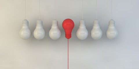 One hanging light bulb glowing different and standing out from unlit incandescent bulbs with reflection on dark cyan background , leadership and different business creative idea concept. 3D rendering