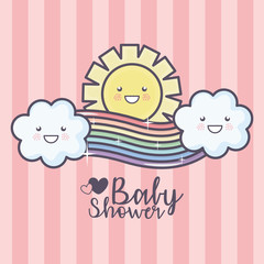 baby shower cartoon rainbow clouds sun sky pink stripes background