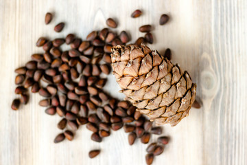 Pine cone and nuts on light wooden background. Healthy eating, organic food, vegetarian concept.