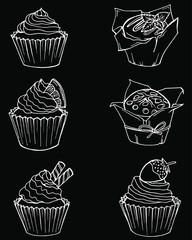 Sketch Cupcakes and muffins round frame. Set of hand drawn cakes. illustration of baking. Cafe doodle menu.