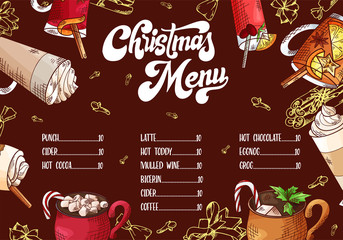 Hand drawn hot drinks. Menu Christmas design. Template with brushlettering. Winter sketch style. Vector illustration