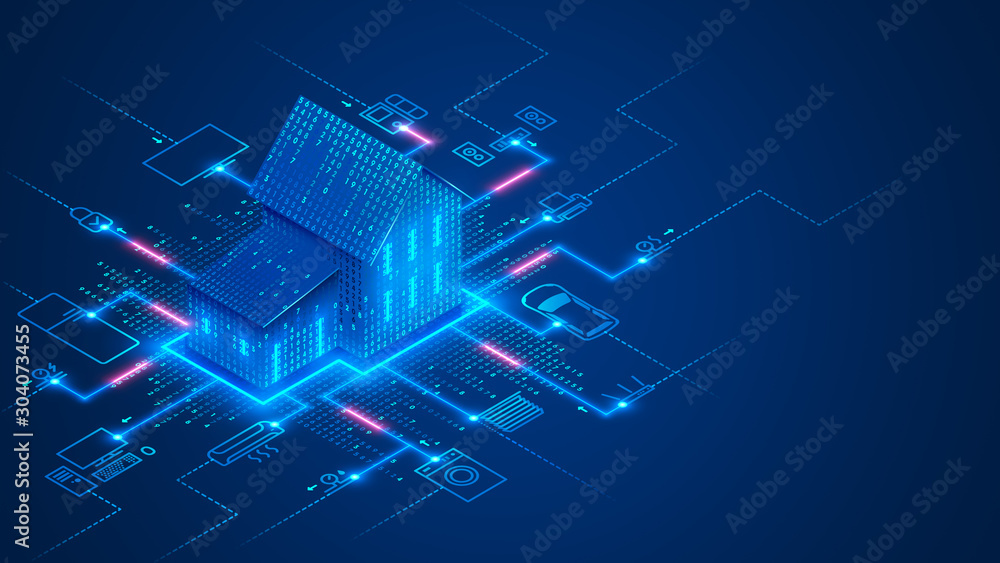 Poster Smart home technology conceptual banner. Building consists digits and connected with icons of domestic smart devices. illustration concept of System intelligent control house on blue background. IOT.