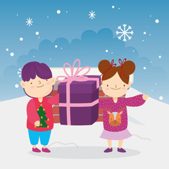merry christmas little boy and girl with gift chimney outdoor