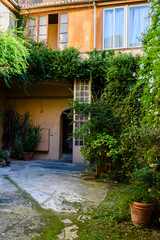 Yard full of plants in the Trastevere area. Italy, Rome