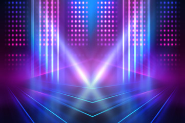 Empty dark abstract background. Background of an empty show scene. Glow of neon lights on an empty stage.