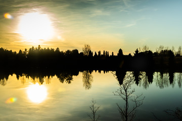 Beautiful sunset on river Kymijoki at autumn, Finland.