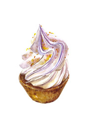 Watercolor cake with custard on white background.