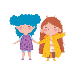 cute little girls holding hands on white background