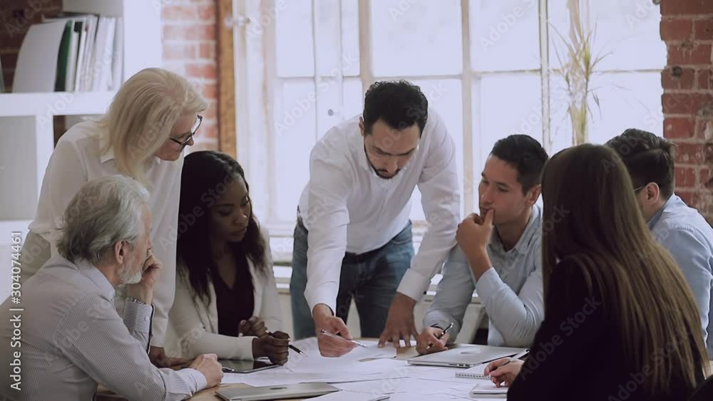 Poster Business team people brainstorm solve mistakes in paperwork at meeting