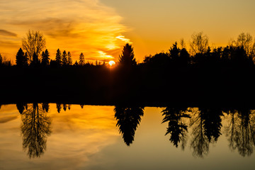 Beautiful sunset on river Kymijoki at autumn, Finland.