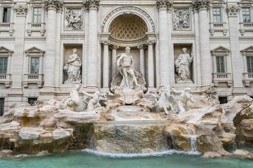 Fototapeta na wymiar Wide angle view of The Famous Trevi Fountain. A popular tourist spot in the city center. 28.10.2019 Rome, Italy
