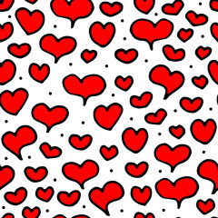 Fototapeta na wymiar Seamless pattern of hand-drawn black outline red hearts and dots isolated on a white background. Valentine's Day February 14 Festive Element. Cute holiday symbol of Love, weddings, romantic decoration