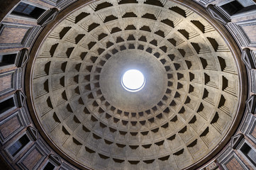 Ancient architectural masterpiece of Pantheon in Roma, Italy. Panorama of inside interior. Dome. Rome, Italy