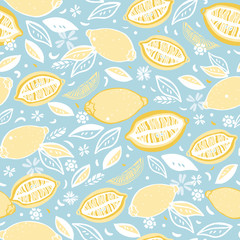 Tropical seamless pattern with yellow lemons. Fruit repeated background. Vector bright print for fabric or wallpaper