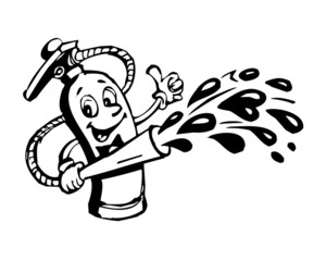 fire extinguisher fighting with fire and showing thumbs up cartoon black and white