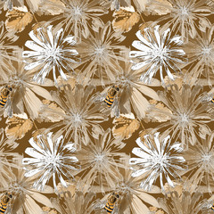 Seamless abstract pattern. White-brown daisies, leaves and bees on a bright brown background.