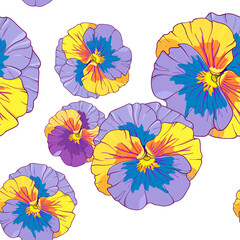 blue and purple pansy on a dark background. Seamless vector pattern. Hand drawing flowers vector illustration.