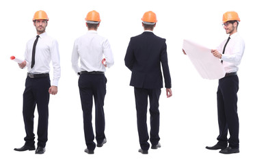 panoramic photo collage of qualified architect isolated on white