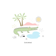 Illustration of Cute hand drawn vector African Animal, crocodile. Vector Illustration. vector print.