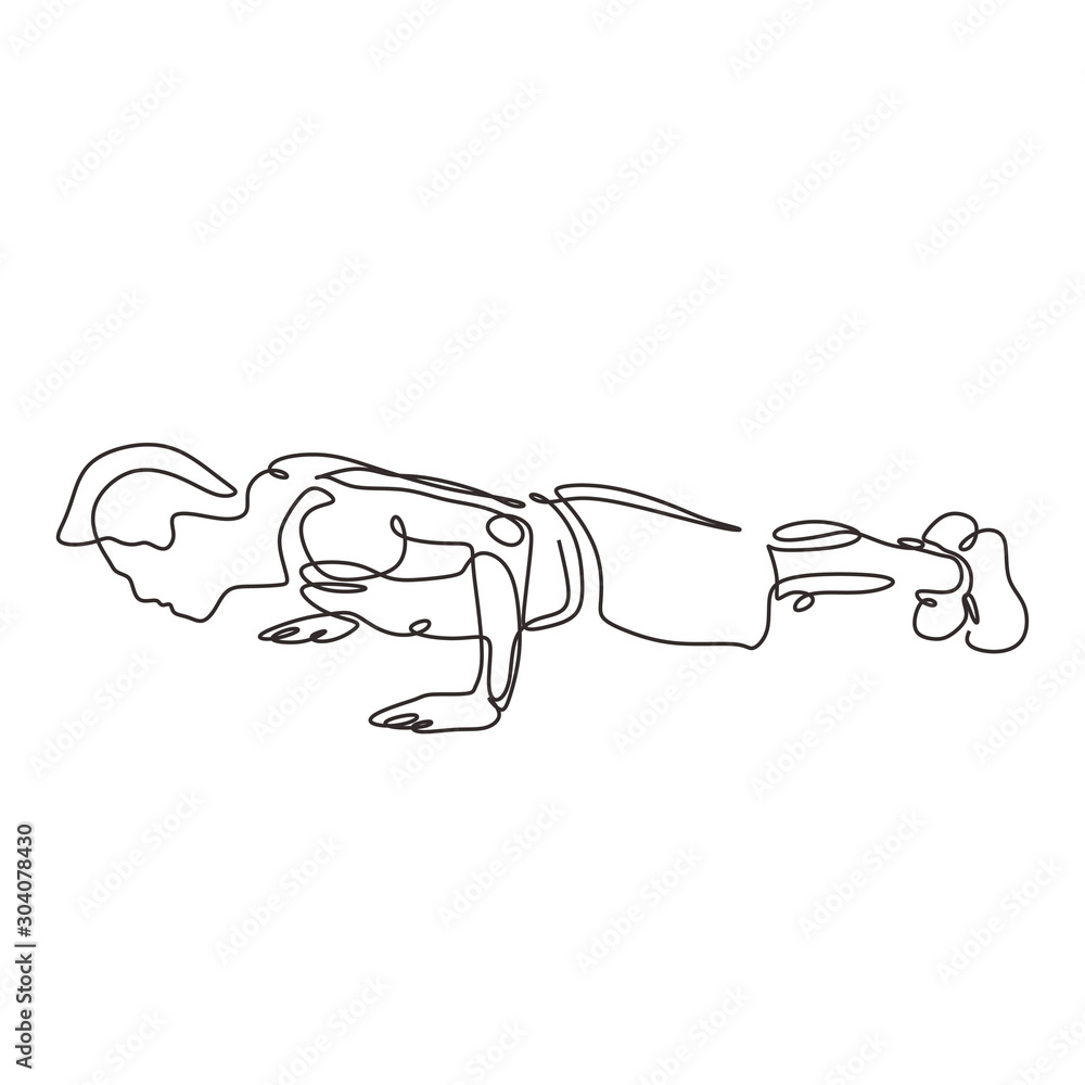 Poster continuous one line drawing of push up person. man doing exercise at gym. vector illustration minima