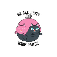 We are happy and warm family. Two cute cats. Cartoon animals. 