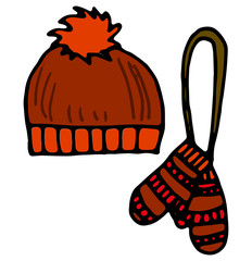 Bright hat and mittens, sketch style vector illustration isolated on white background.
