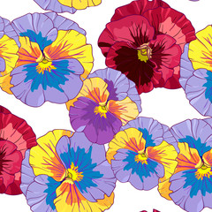 blue and purple pansy on a dark background. Seamless vector pattern. Hand drawing flowers illustration.