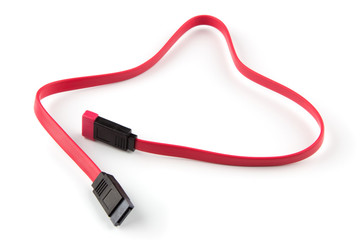 Red sata 3 computer cable closeup isolated on white background