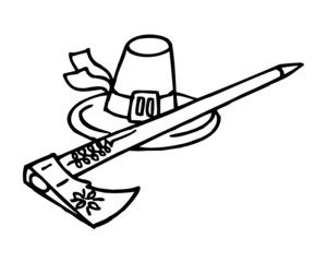 hat with ribbons and long ax, attributes of Wallachia and shepherds, black and white clipart