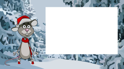 cartoon rat stands in the winter forest next to an empty sheet