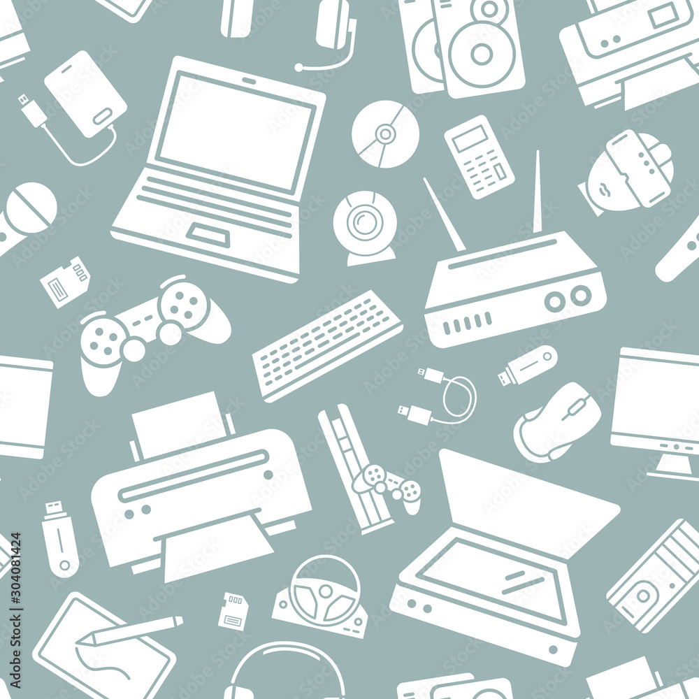 Poster electronic devices background - vector seamless pattern solid silhouettes of technique and computer 