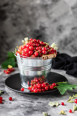 Fresh currants in a ceramic cup: red currants, selective focus. Place for text. Copy space.