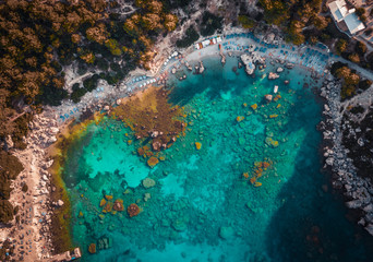Anthony Quinn Bay. The most beautiful beach at Rhodes island. bird's eye view from above, rocks, clear sea, beach and Bay with people.